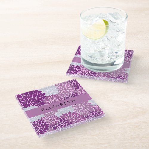 Pattern Of Flowers Purple Dahlia Your Name Glass Coaster