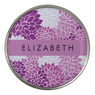 Pattern Of Flowers, Purple Dahlia, Your Name Golf Ball Marker