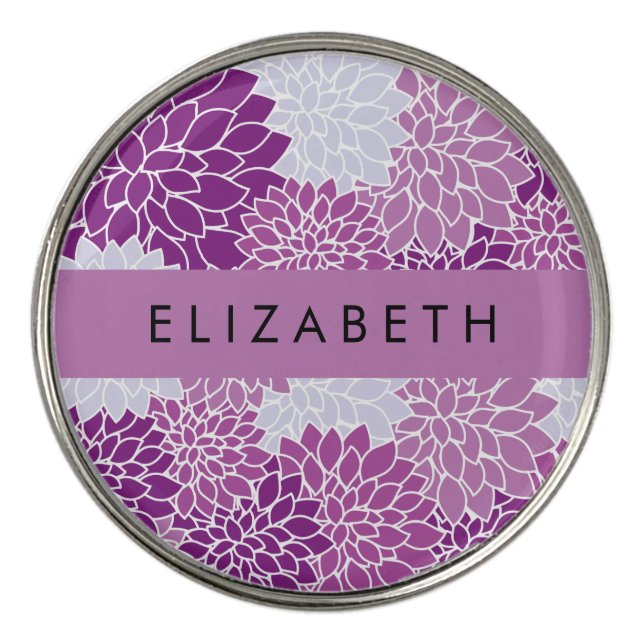 Pattern Of Flowers, Purple Dahlia, Your Name Golf Ball Marker (Front)