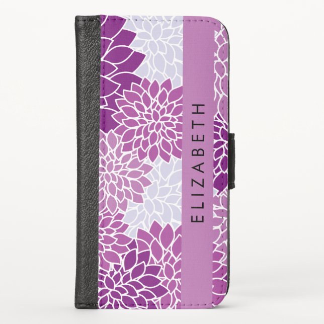 Pattern Of Flowers, Purple Dahlia, Your Name iPhone Wallet Case (Front)
