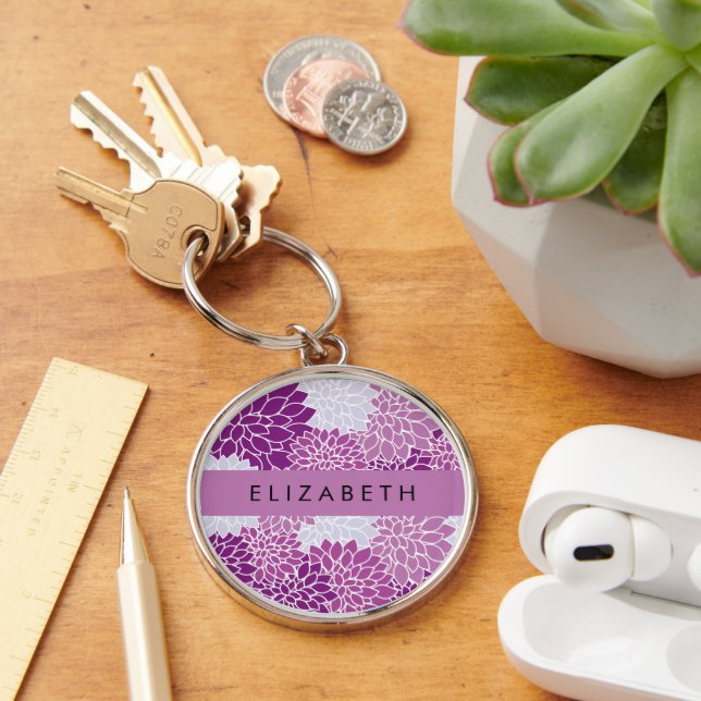 Pattern Of Flowers, Purple Dahlia, Your Name Keychain (Desk)
