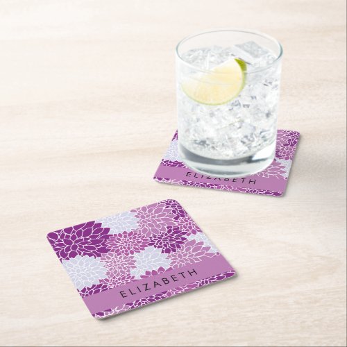 Pattern Of Flowers Purple Dahlia Your Name Square Paper Coaster