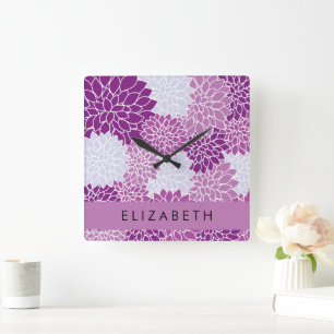 Pattern Of Flowers, Purple Dahlia, Your Name Square Wall Clock