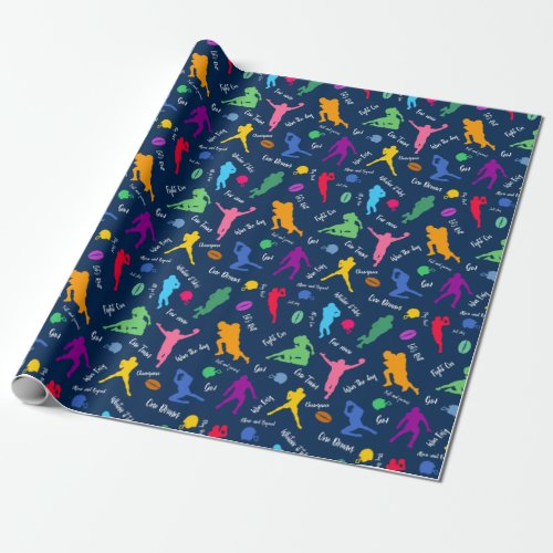 Pattern Of Football Player Silhouettes On Blue Wrapping Paper