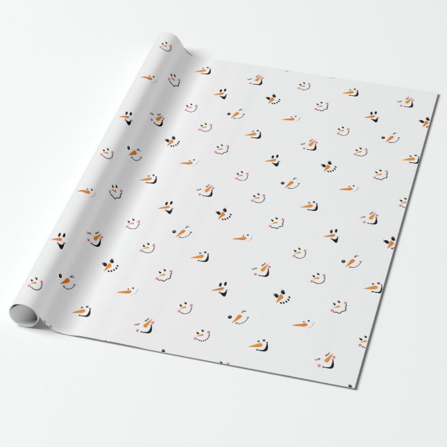 Pattern Of Funny Snowmen Faces On White Wrapping Paper (Unrolled)