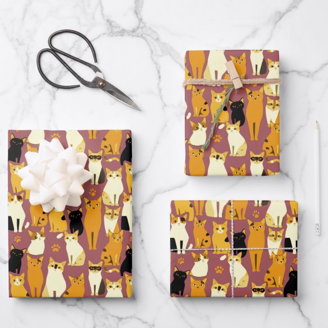 Pattern of Ginger, Black and White Cats Wrapping Paper Sheets (Front)