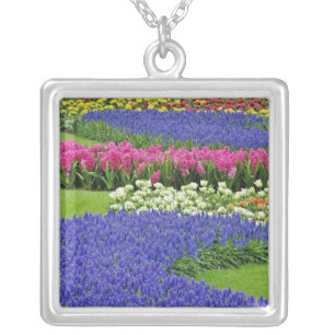 Pattern of Grape Hyacinth, tulips, and 3 Silver Plated Necklace