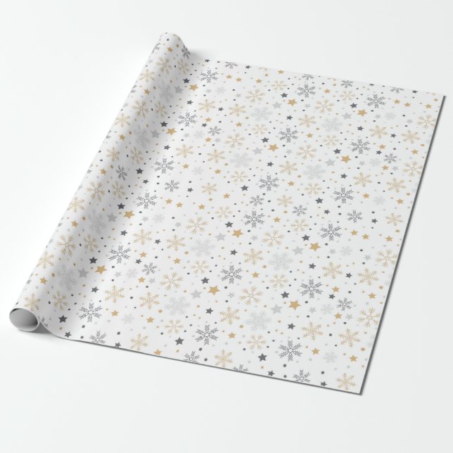 Pattern Of Gray And Yellow Snowflakes Wrapping Paper (Unrolled)