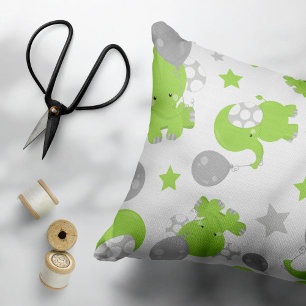 Pattern Of Green Elephants, Cute Elephants, Stars Accent Pillow