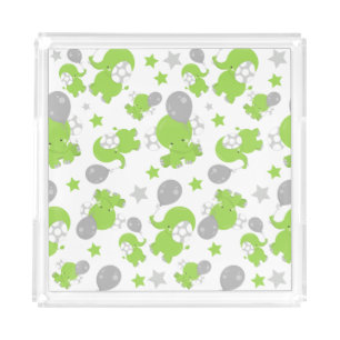 Pattern Of Green Elephants, Cute Elephants, Stars Acrylic Tray