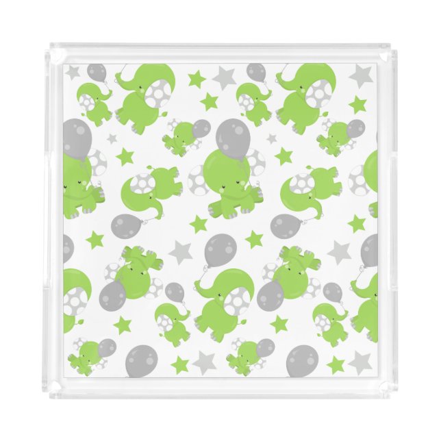 Pattern Of Green Elephants, Cute Elephants, Stars Acrylic Tray (Front)