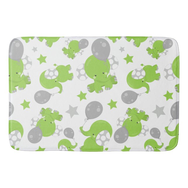 Pattern Of Green Elephants, Cute Elephants, Stars Bath Mat (Front)