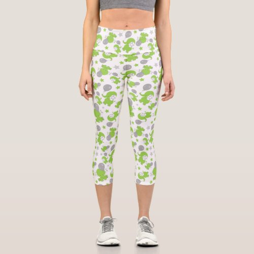 Pattern Of Green Elephants Cute Elephants Stars Capri Leggings