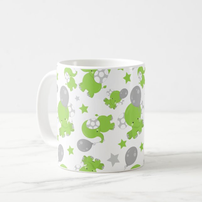 Pattern Of Green Elephants, Cute Elephants, Stars Coffee Mug (Front Left)