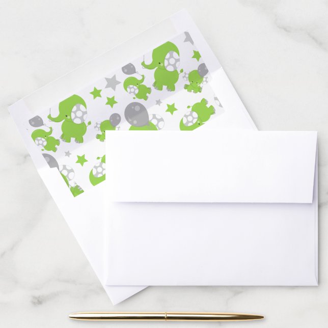 Pattern Of Green Elephants, Cute Elephants, Stars Envelope Liner (Desk)