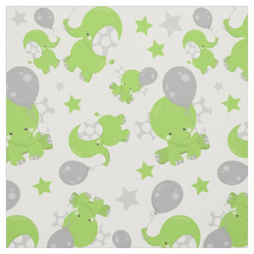 Pattern Of Green Elephants, Cute Elephants, Stars Fabric