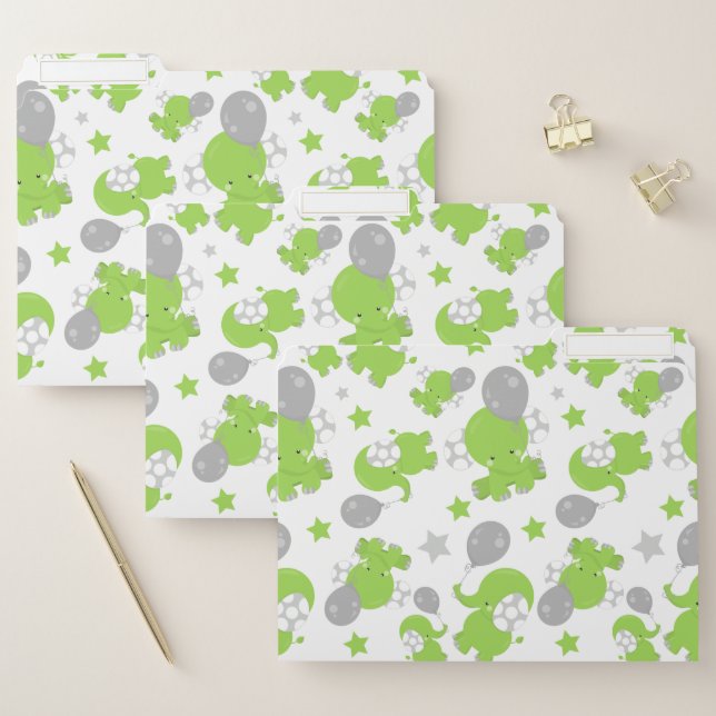 Pattern Of Green Elephants, Cute Elephants, Stars File Folder (Set)