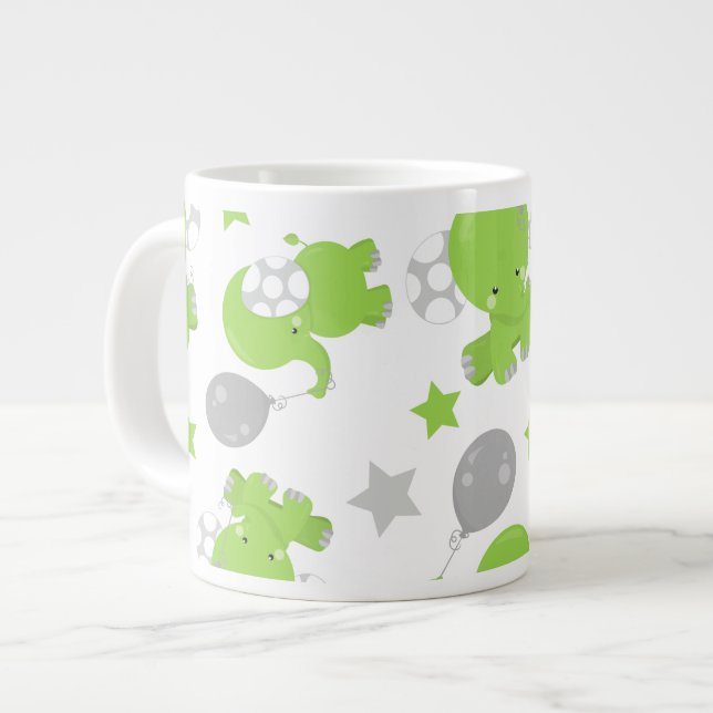 Pattern Of Green Elephants, Cute Elephants, Stars Giant Coffee Mug (Front Left)