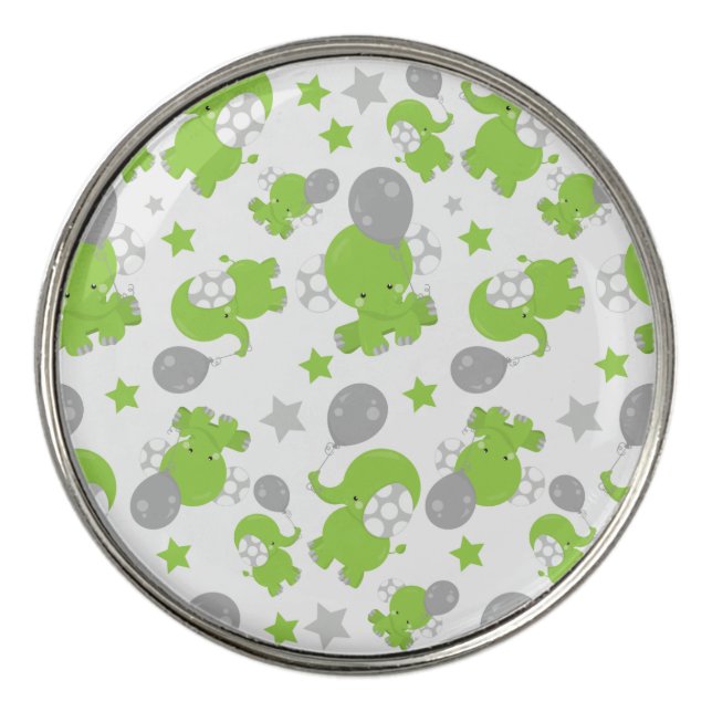 Pattern Of Green Elephants, Cute Elephants, Stars Golf Ball Marker (Front)