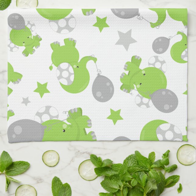 Pattern Of Green Elephants, Cute Elephants, Stars Kitchen Towel (Folded)