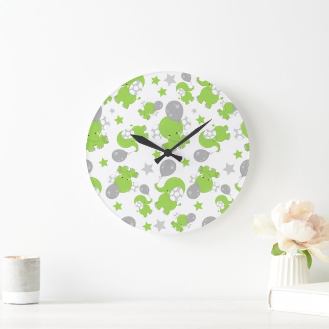 Pattern Of Green Elephants, Cute Elephants, Stars Large Clock (Home)
