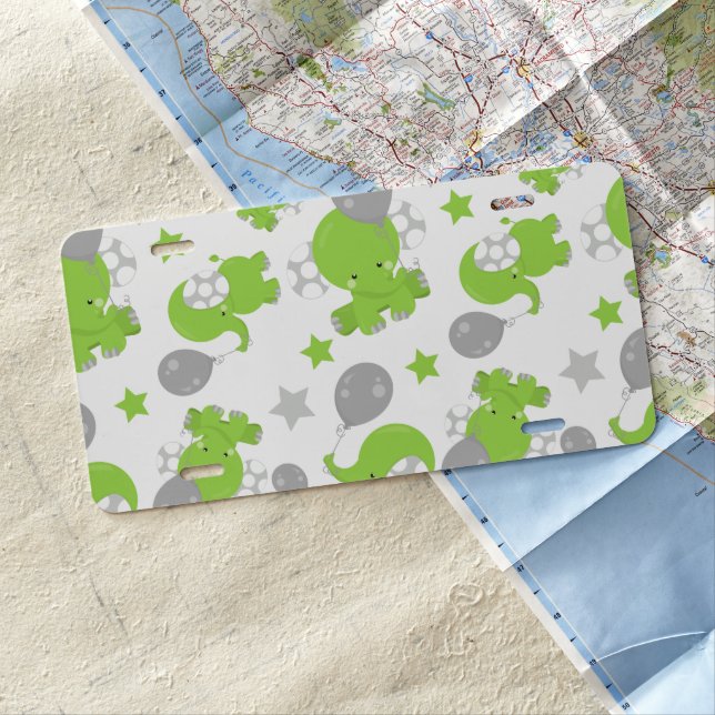 Pattern Of Green Elephants, Cute Elephants, Stars License Plate (In Situ)