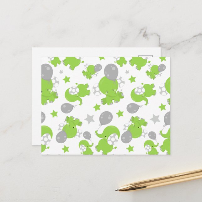 Pattern Of Green Elephants, Cute Elephants, Stars Postcard (Front/Back In Situ)