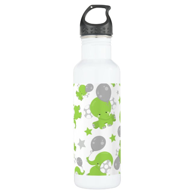 Pattern Of Green Elephants, Cute Elephants, Stars Stainless Steel Water Bottle (Front)