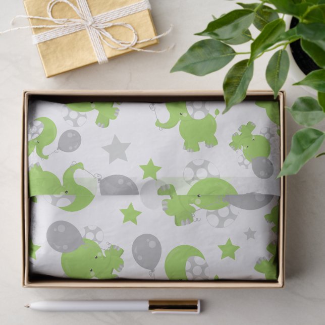 Pattern Of Green Elephants, Cute Elephants, Stars Tissue Paper (Gift)