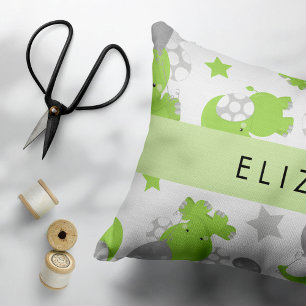 Pattern Of Green Elephants, Stars, Your Name Accent Pillow