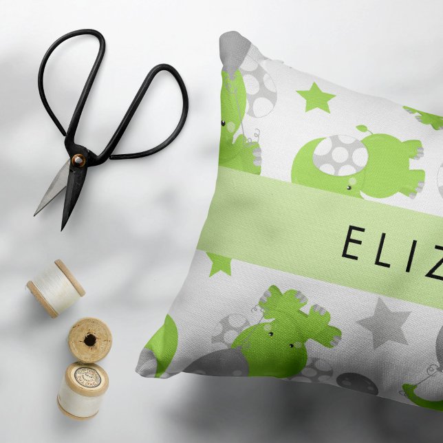 Pattern Of Green Elephants, Stars, Your Name Accent Pillow (Creator Uploaded)