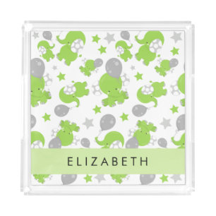 Pattern Of Green Elephants, Stars, Your Name Acrylic Tray