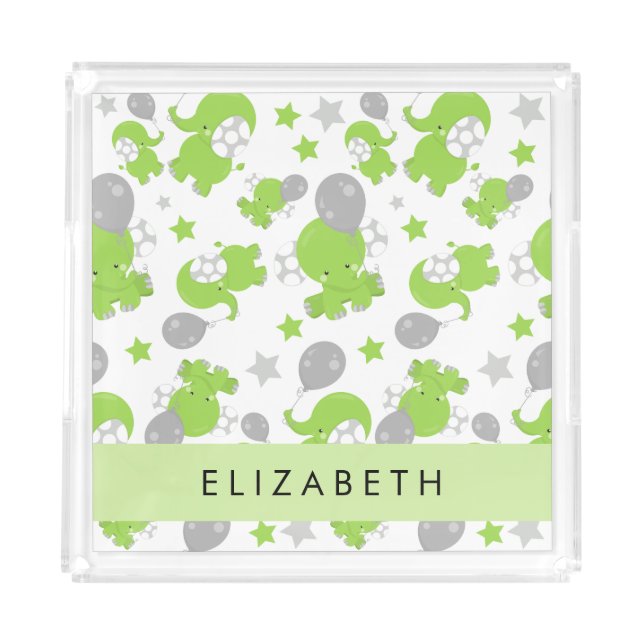 Pattern Of Green Elephants, Stars, Your Name Acrylic Tray (Front)