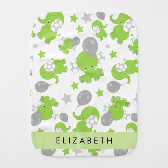 Pattern Of Green Elephants, Stars, Your Name Baby Burp Cloth (Front)