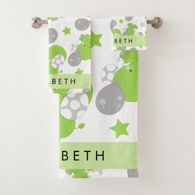Pattern Of Green Elephants, Stars, Your Name Bath Towel Set (Insitu)