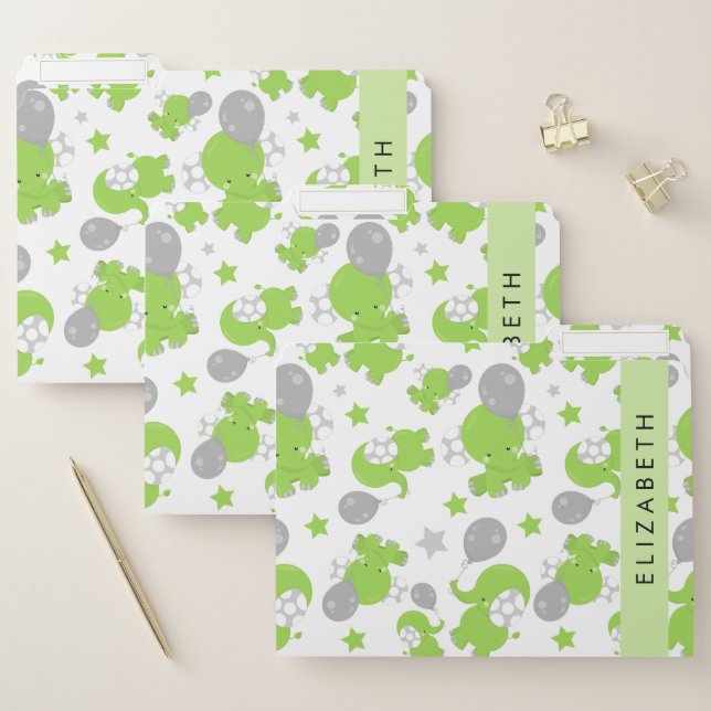 Pattern Of Green Elephants, Stars, Your Name File Folder (Set)