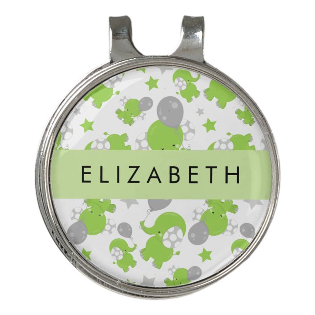 Pattern Of Green Elephants, Stars, Your Name Golf Hat Clip (Front)
