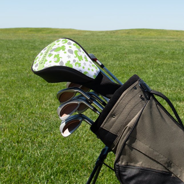 Pattern Of Green Elephants, Stars, Your Name Golf Head Cover (In Situ)