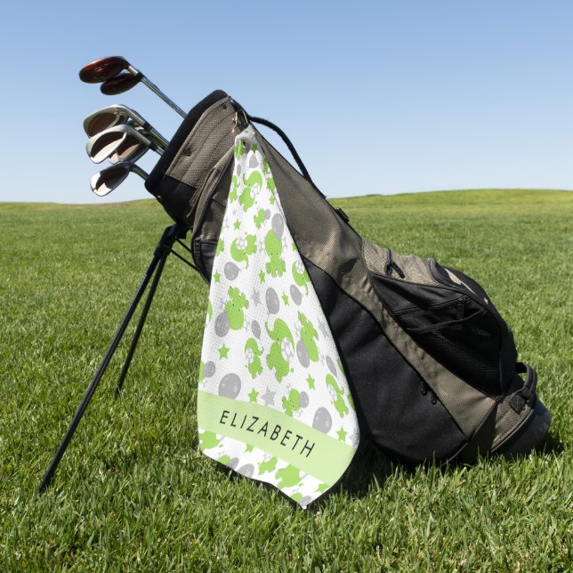 Pattern Of Green Elephants, Stars, Your Name Golf Towel (Green)