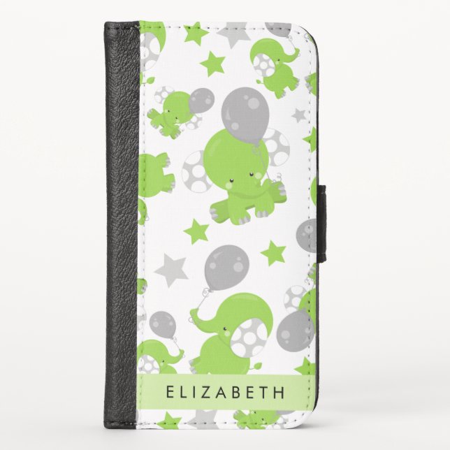 Pattern Of Green Elephants, Stars, Your Name iPhone Wallet Case (Front)