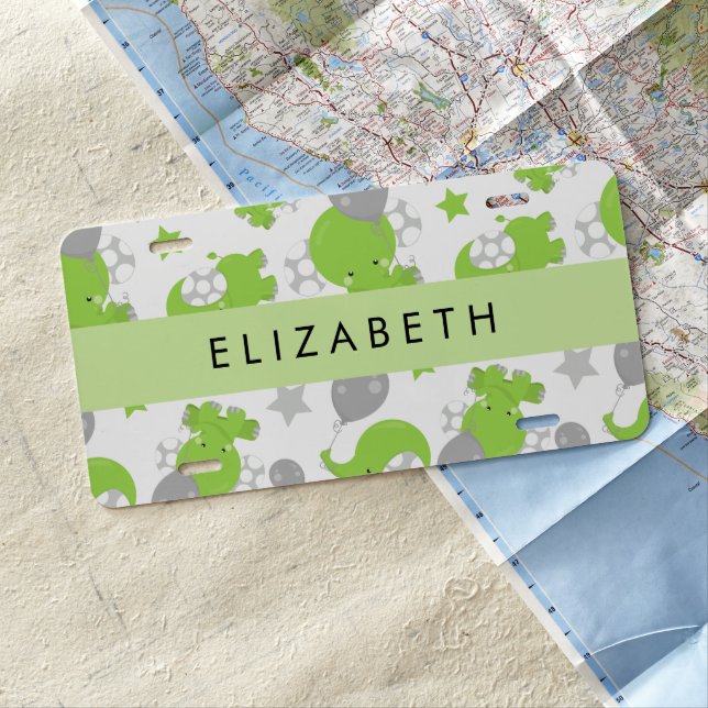 Pattern Of Green Elephants, Stars, Your Name License Plate (In Situ)