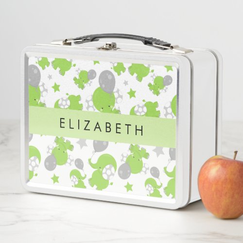 Pattern Of Green Elephants Stars Your Name Metal Lunch Box