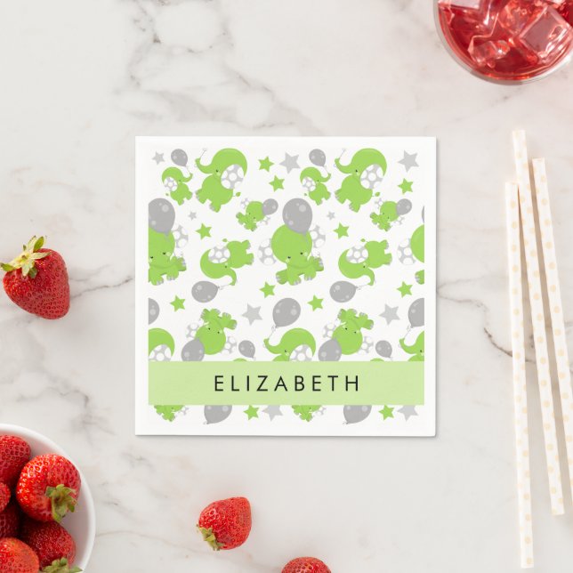 Pattern Of Green Elephants, Stars, Your Name Napkins (Insitu)