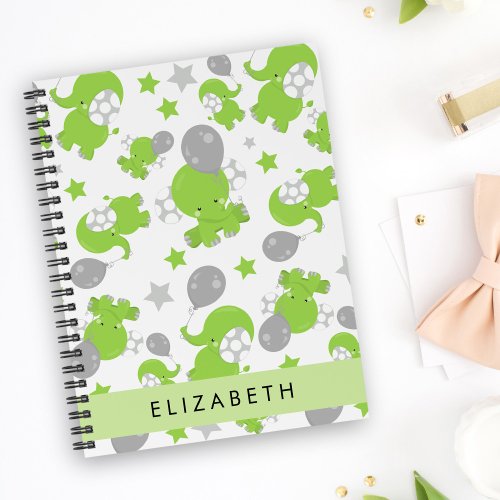 Pattern Of Green Elephants Stars Your Name Notebook