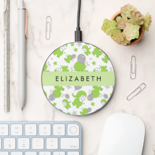 Pattern Of Green Elephants, Stars, Your Name Wireless Charger