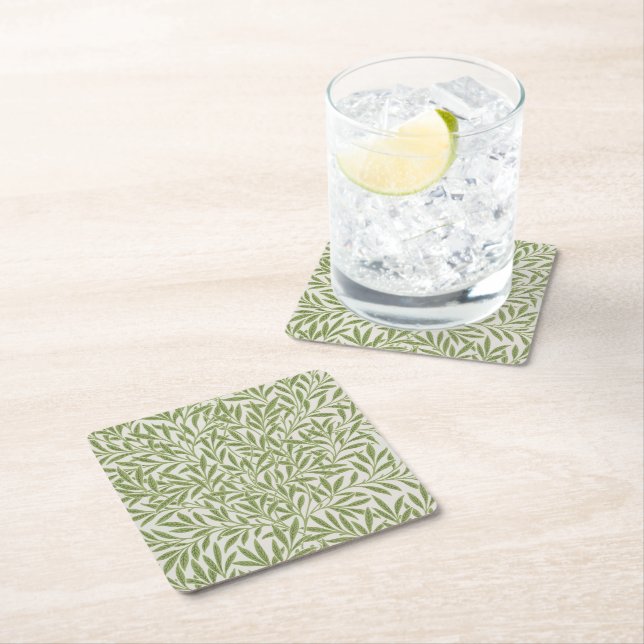Pattern of green leafy branches  square paper coaster (Insitu)