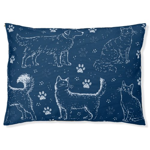 Pattern of Hand-Drawn Dogs, Cats, and Paw Prints  Pet Bed