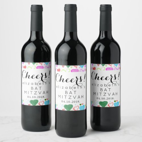 Pattern Of Hearts Colorful Hearts Bat Mitzah Wine Label