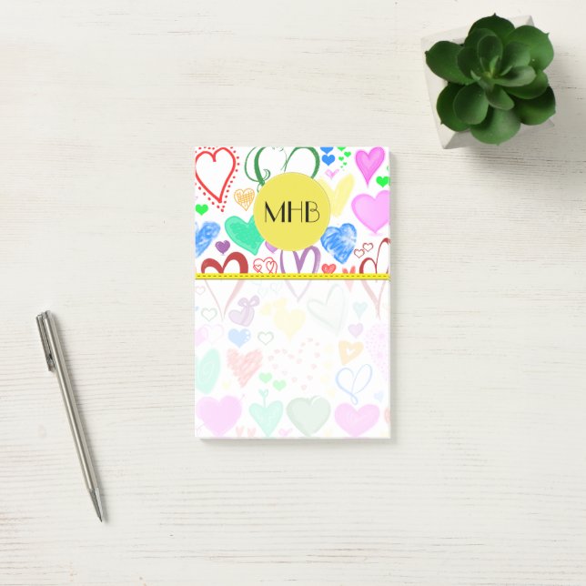 Pattern Of Hearts, Colorful Hearts, Monogram Post-it Notes (Office)