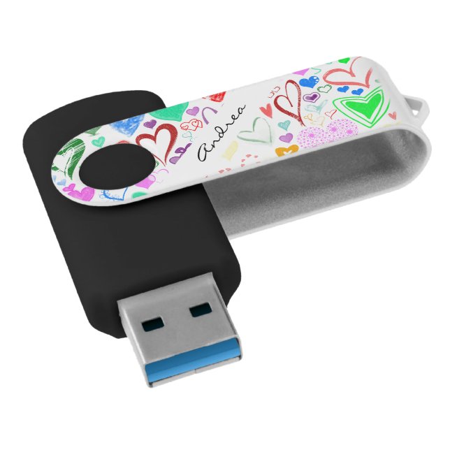 Pattern Of Hearts, Colorful Hearts, Your Name Flash Drive (Angled)